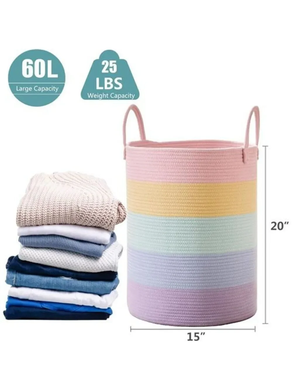 Pink Cotton Rope Laundry Hamper Large Woven Storage Basket for Toys Clothes Blan